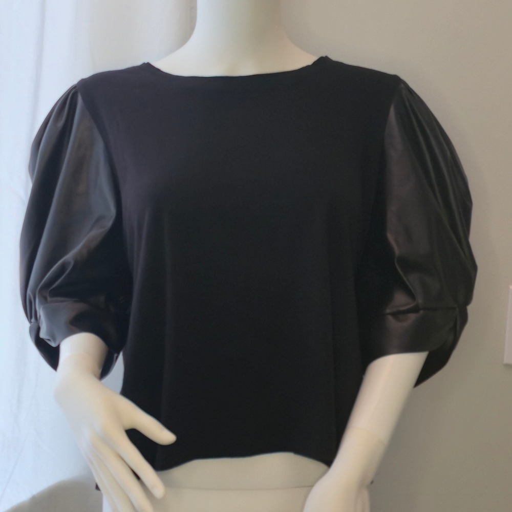 DKNY Top Womens XL Black Faux‎ Leather Puff Sleeve Puff Sleeve